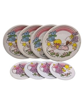 Vintage 1970s Sunnie Miss Pink Rainbow 8 Piece Tin Plate and Saucer Toy Set